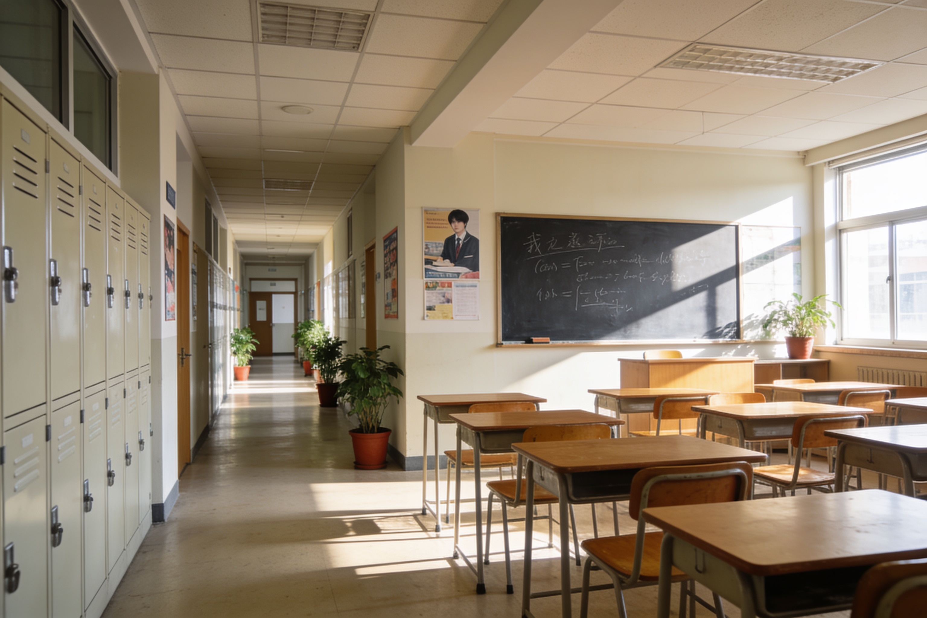 校园走廊和教室环境展现青春校园剧场景
