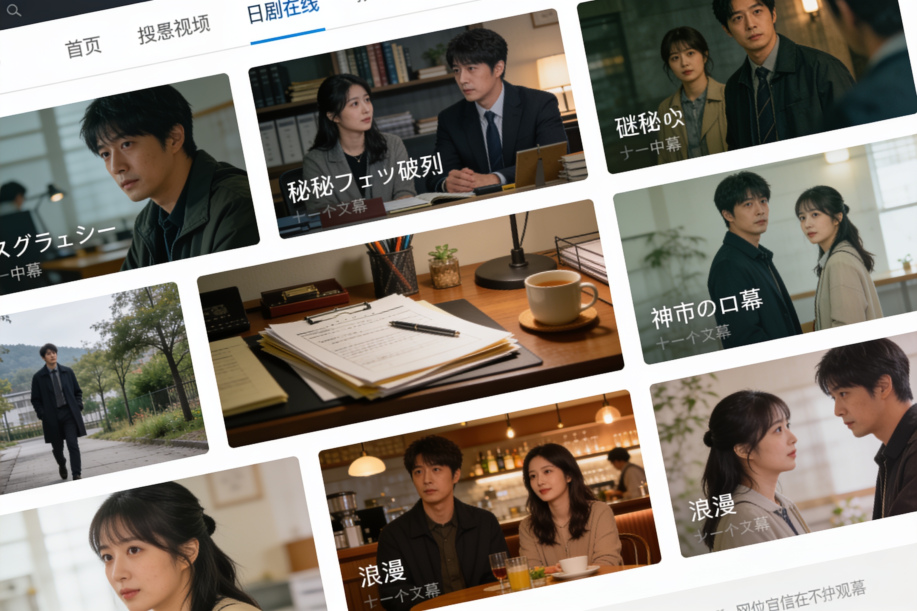 日剧在线观看平台展示多部热门日本电视剧的关键场景画面，包含推理悬疑和都市情感题材的代表性镜头，配有中文字幕标识